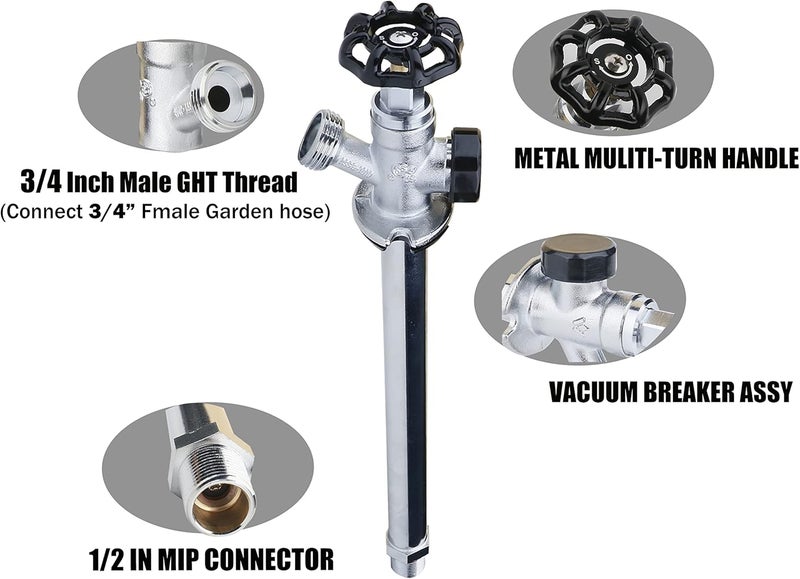 WHK Brass 12" Frost Proof Outdoor Faucet, Anti-Siphon Sillcock, Polished Chrome, 1/2" MIP x 3/4" Hose Bibb - Image 3